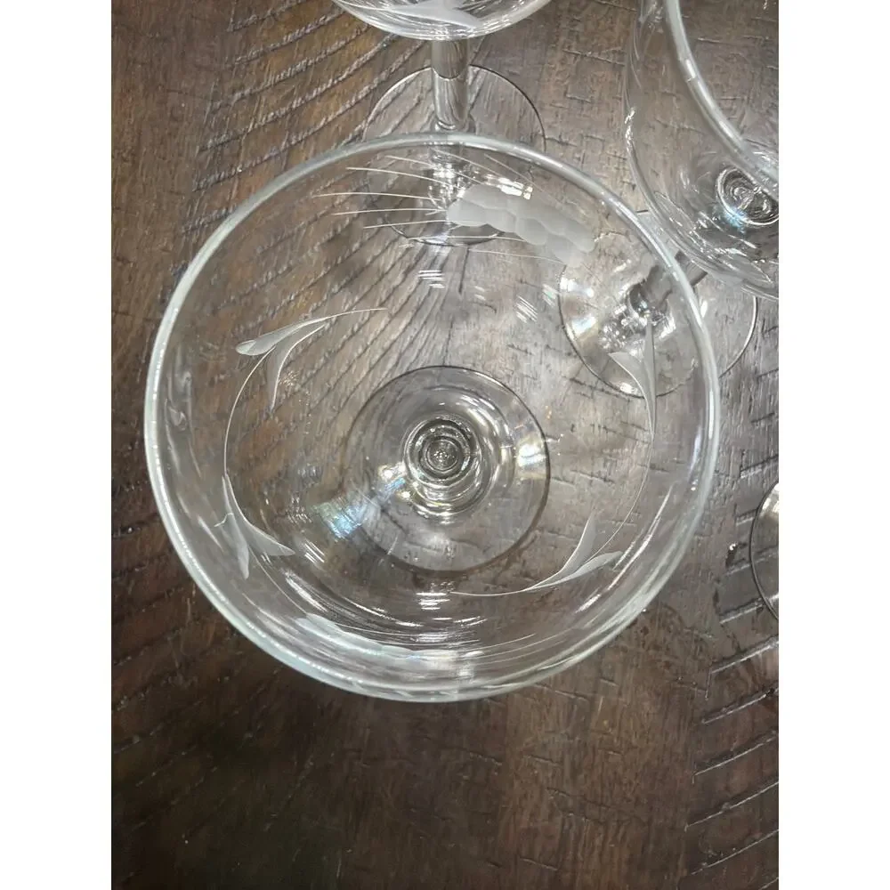Vintage Etched Glass Wine Claret Glass Set Of 5 Stemware 4 3/4